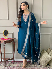 Premium Teal Blue Designer Kurta Set with Soft Muslin Dupatta