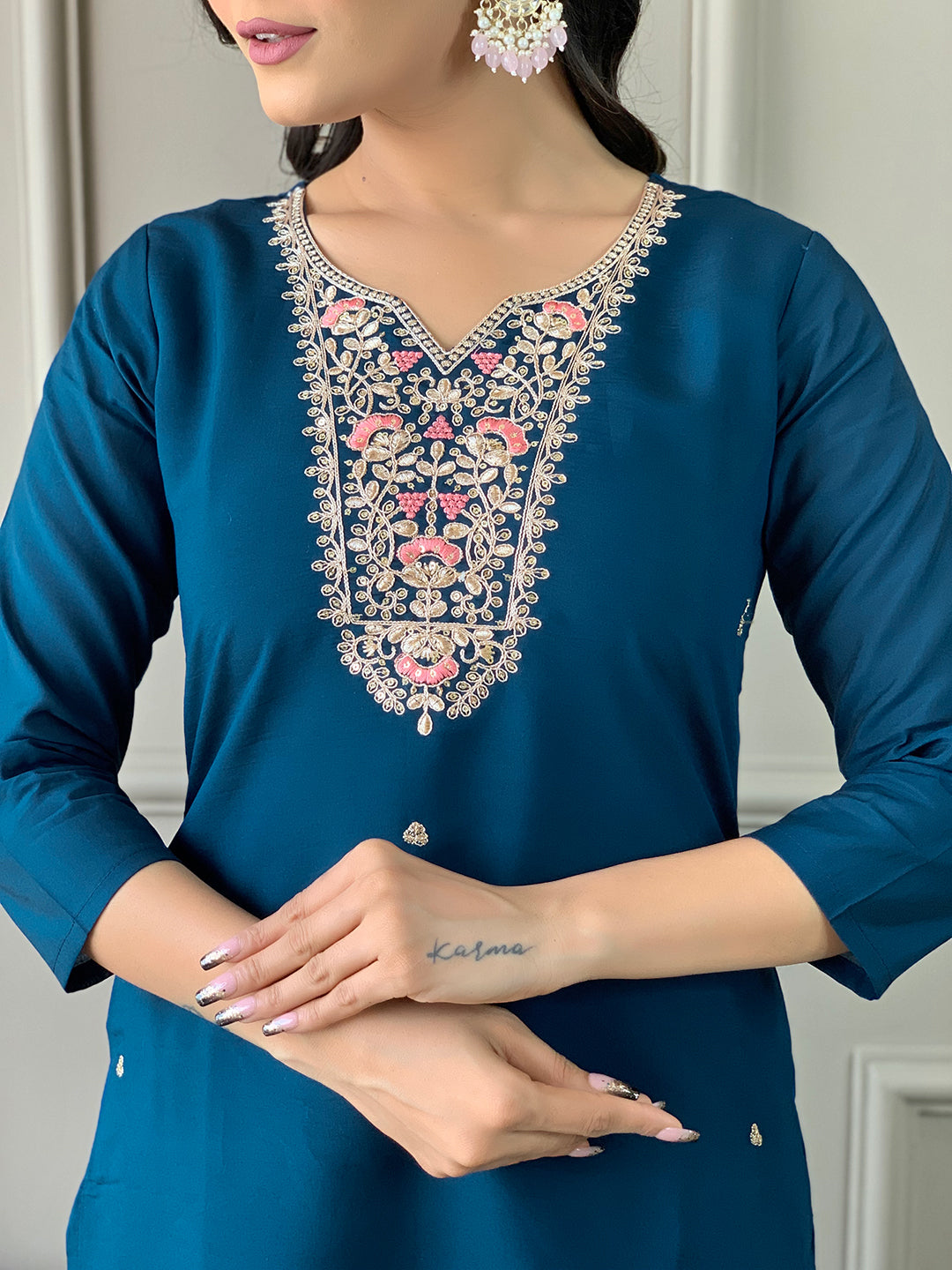 Premium Teal Blue Designer Kurta Set with Soft Muslin Dupatta