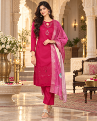 Women's Embroidered Kurta Pant Set with Striped Dupatta - Rani
