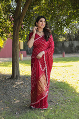 Original Bandhej Red Color Beautiful Design Saree