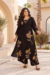 Elegant Black Pure Rayon Floral Kurta Set with Matching Palazzo | V-Neck Ethnic Wear for Women