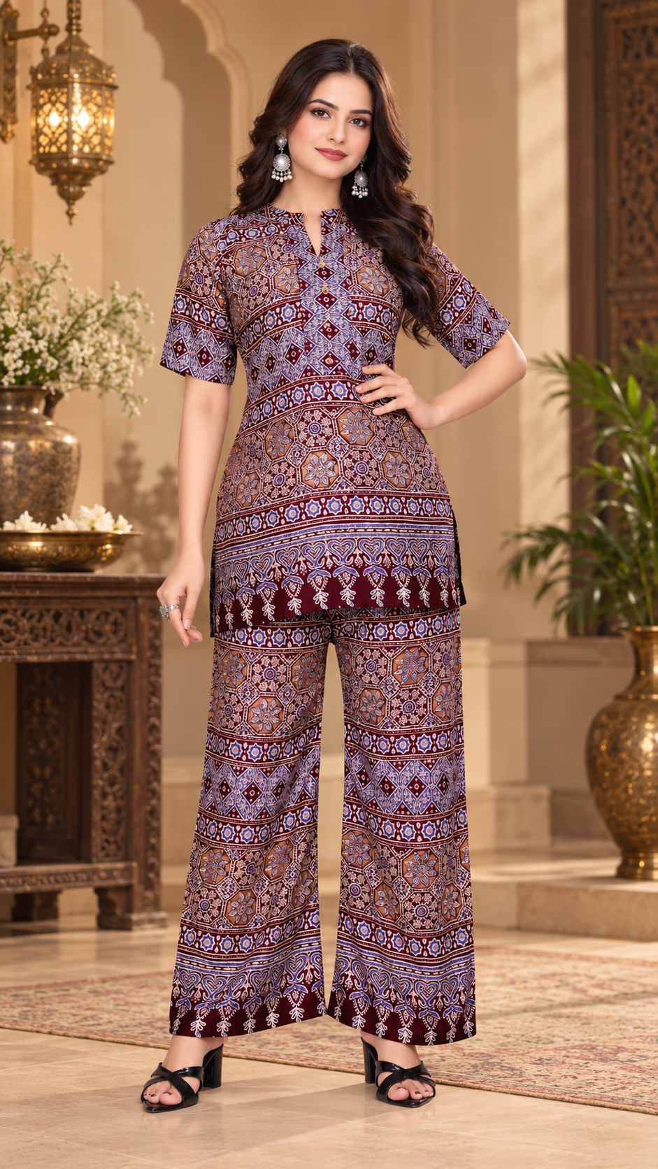 Women’s Printed Pure Viscose Rayon Co-Ord Set | Top & Palazzo Set  - Maroon