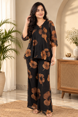 Elegant Floral Print Georgette Co-ord Set for Women - Black & Brown