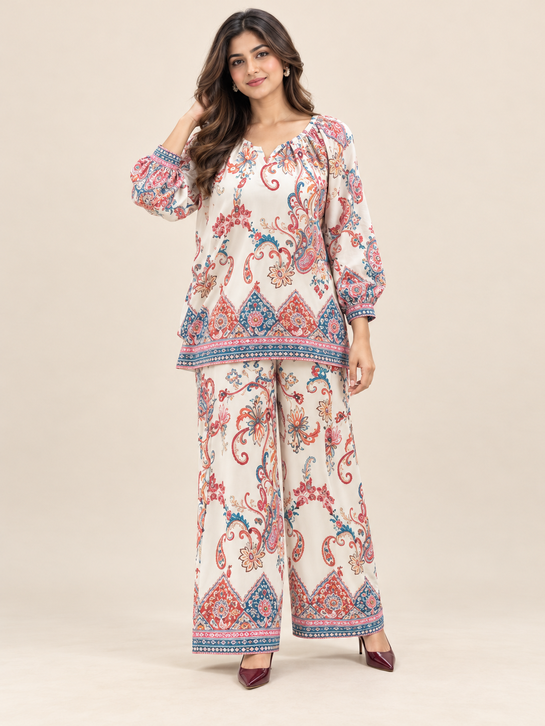 Women's Boho Print Pure Viscose Co-ord Set Orange | Fast Shipping