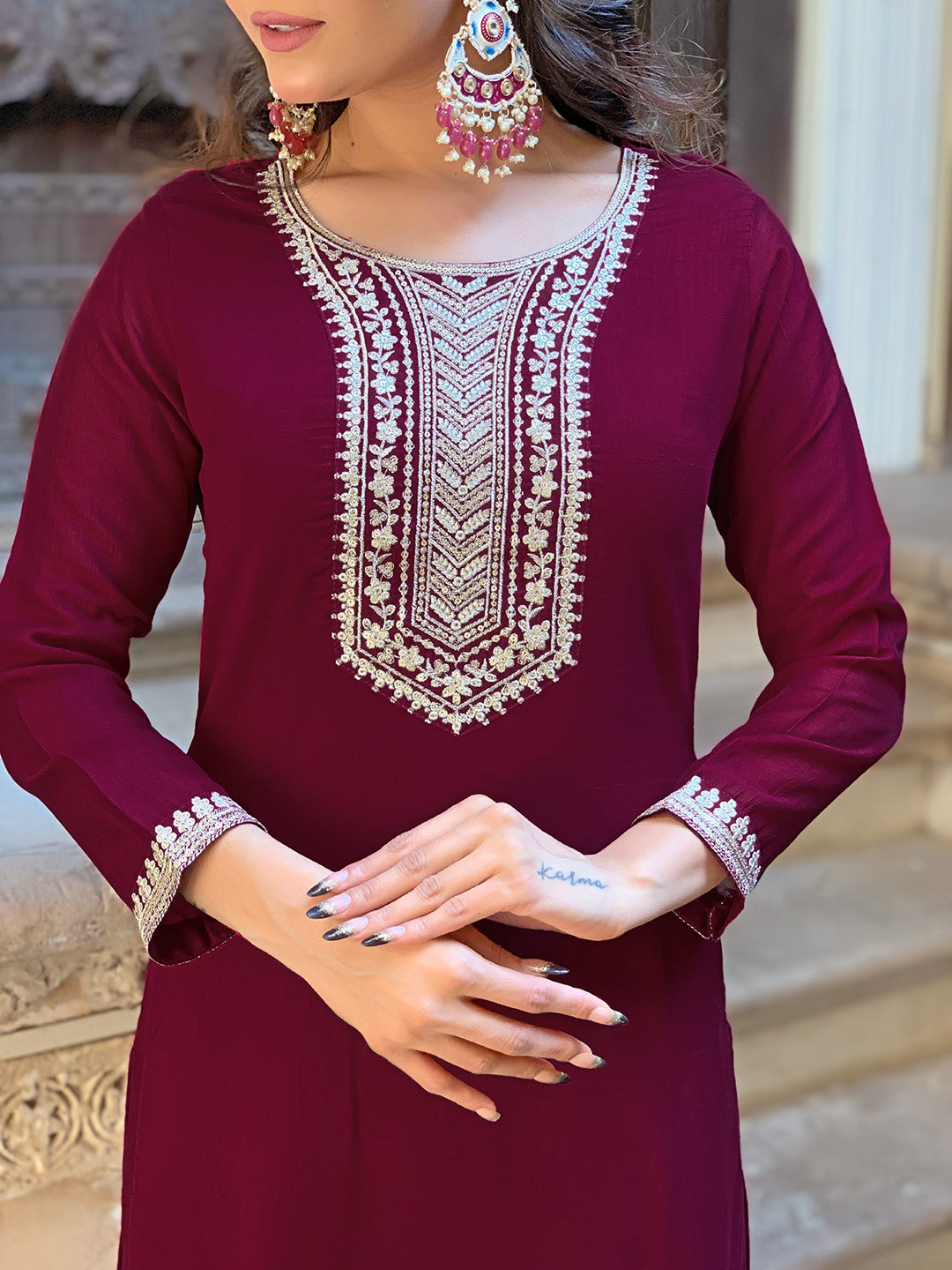 Zaraara Wine Zari Embroidered Kurta Set with Dupatta