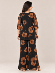 Elegant Floral Print Georgette Co-ord Set for Women - Black & Brown