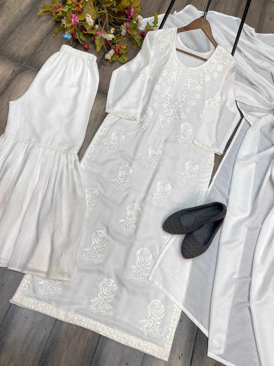 White Designer Chikankari Special Kurta With Sharara Set