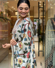 Women’s Off-White Viscose Chanderi Embroidered Kurta Set with Printed Lagdi Satin Dupatt