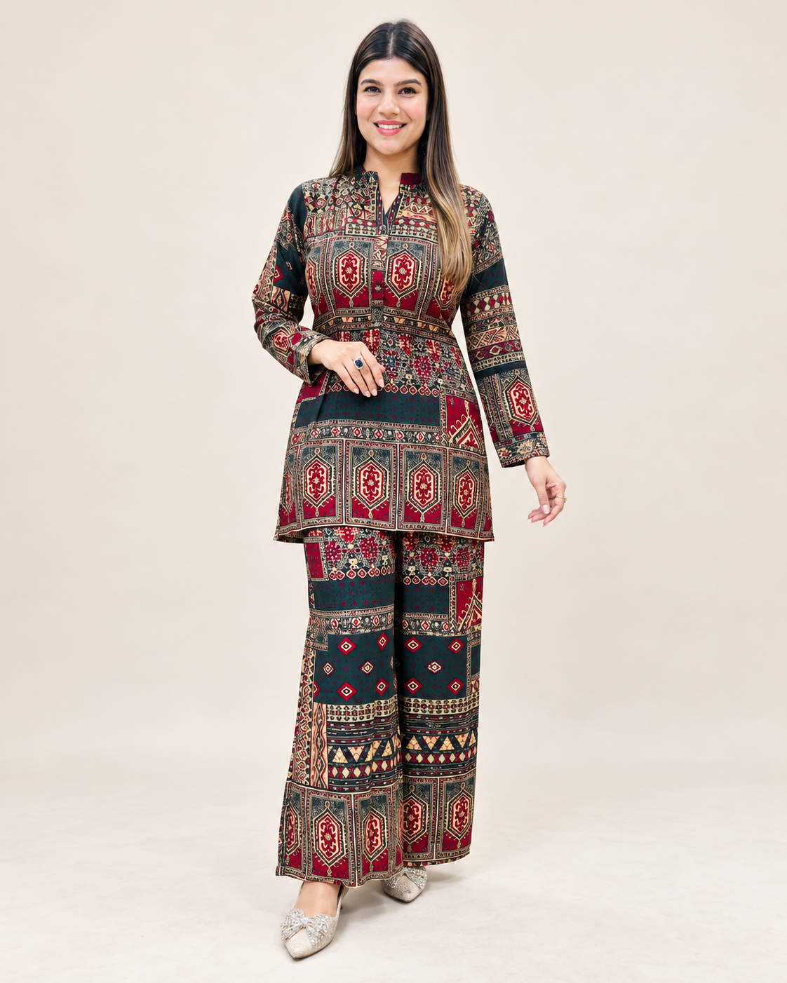 Printed Asymmetric Red And Green Top With Palazzo Set