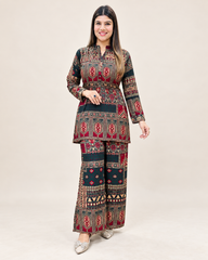 Printed Asymmetric Red And Green Top With Palazzo Set
