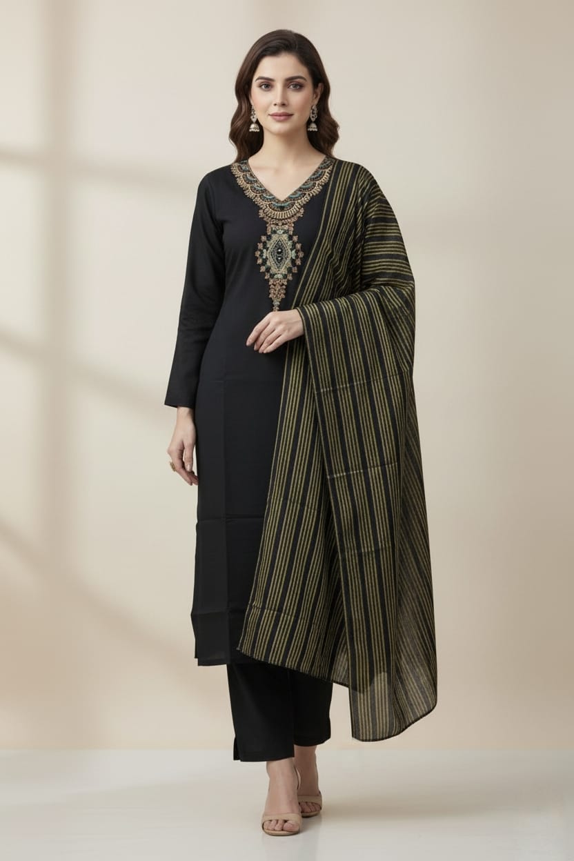 Black Embroidered Salwar Kameez Set with Intricate Neckline Work and Metallic Striped Dupatta