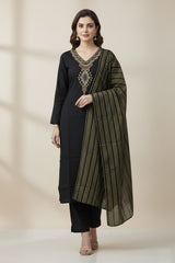 Black Embroidered Salwar Kameez Set with Intricate Neckline Work and Metallic Striped Dupatta