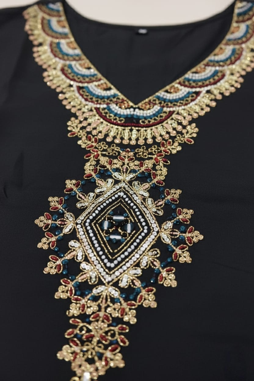 Black Embroidered Salwar Kameez Set with Intricate Neckline Work and Metallic Striped Dupatta