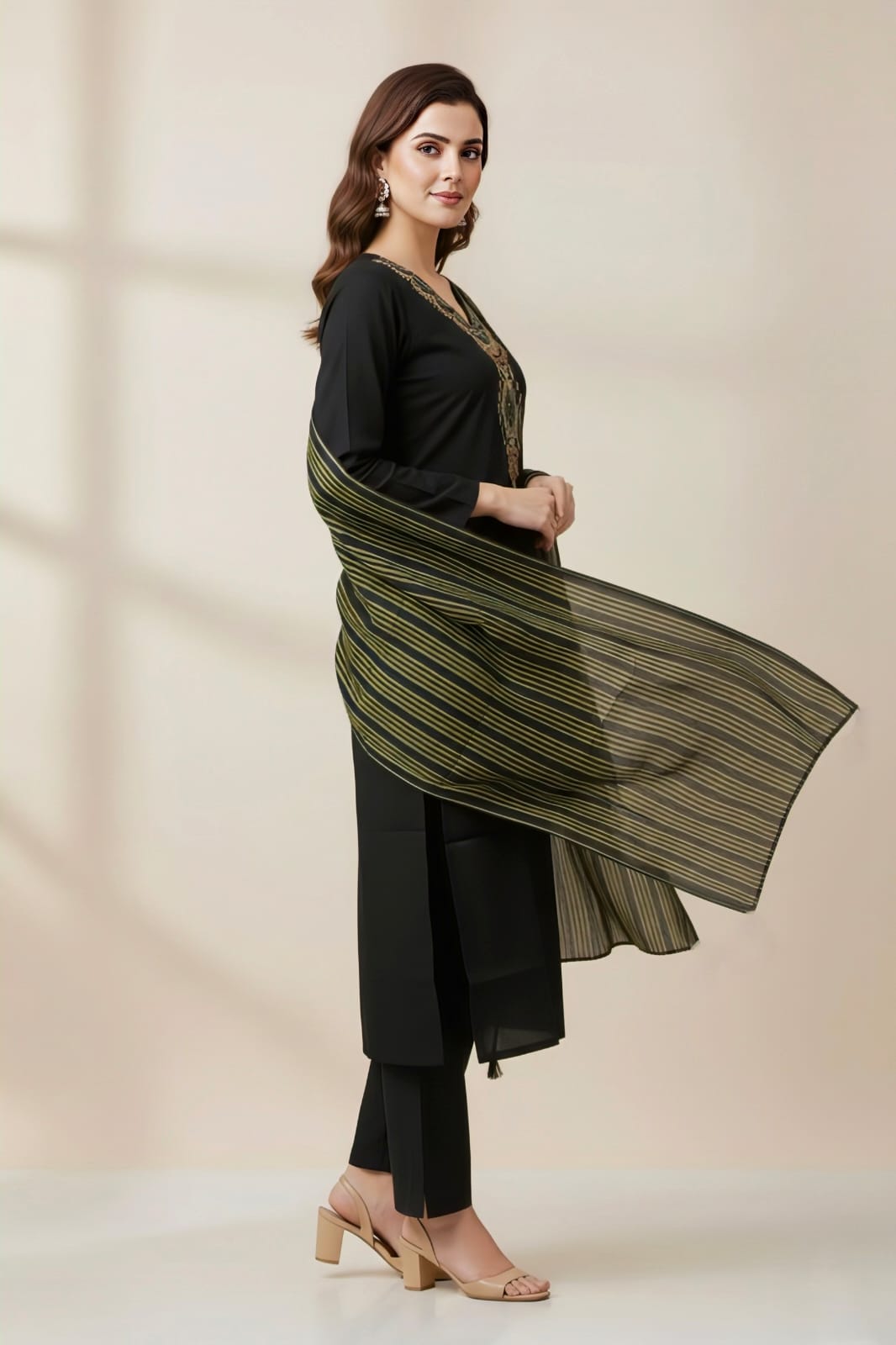 Black Embroidered Salwar Kameez Set with Intricate Neckline Work and Metallic Striped Dupatta