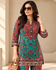Printed Asymmetric Green And Red Rayon Co-Ord Set