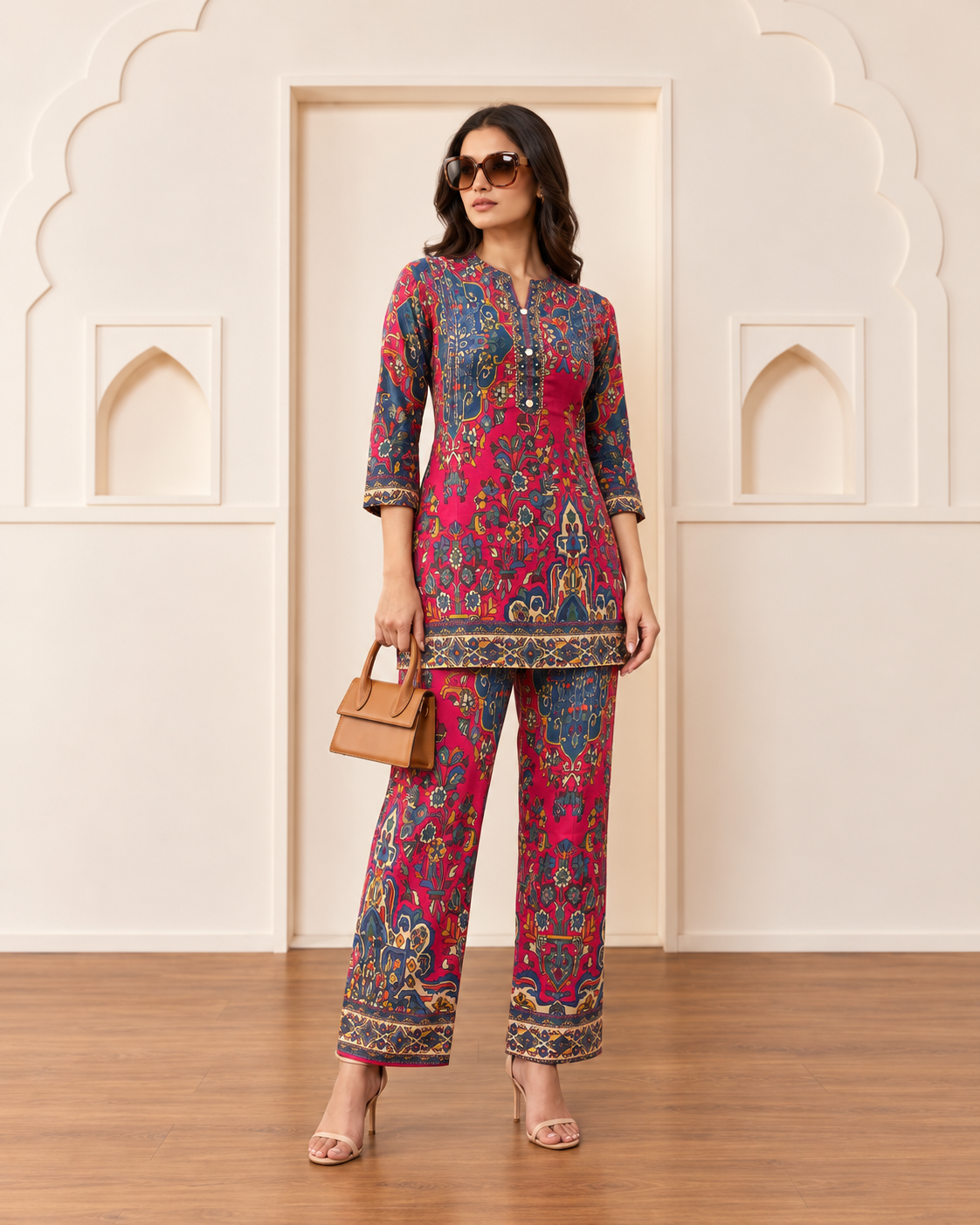 Printed Asymmetric Red And Blue Rayon Co-Ord Set