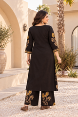 Elegant Black Pure Rayon Floral Kurta Set with Matching Palazzo | V-Neck Ethnic Wear for Women