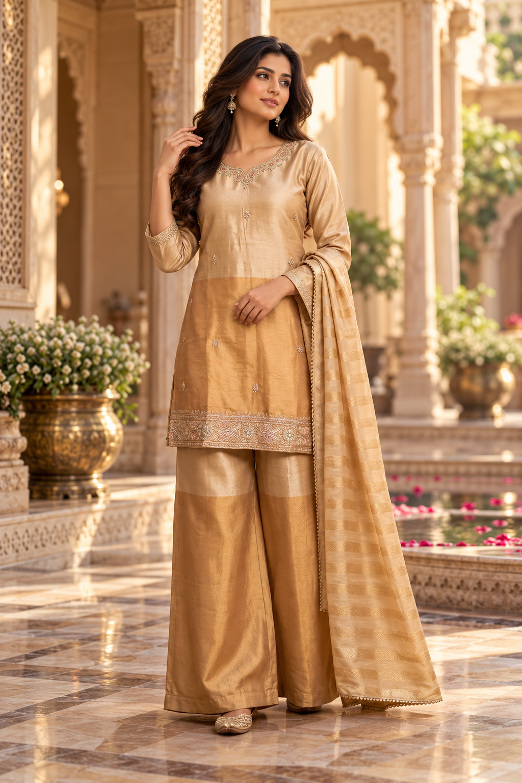 Women's Festive Golden Shimmer 3-Piece Suit Set | Party Wear Ethnic Co-ord