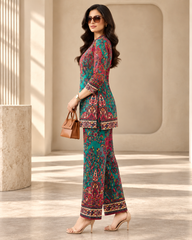 Printed Asymmetric Green And Red Rayon Co-Ord Set