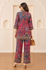 Printed Asymmetric Red And Blue Rayon Co-Ord Set