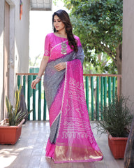 New Premium And High Quality Comfortable Bandhej Silk Drapes That is Super Stylish And Pretty Grey And Pink Saree