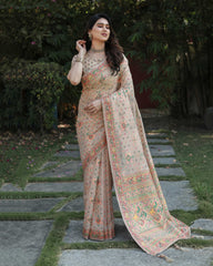 Beige Cotton Broad Border Casual Wear Saree