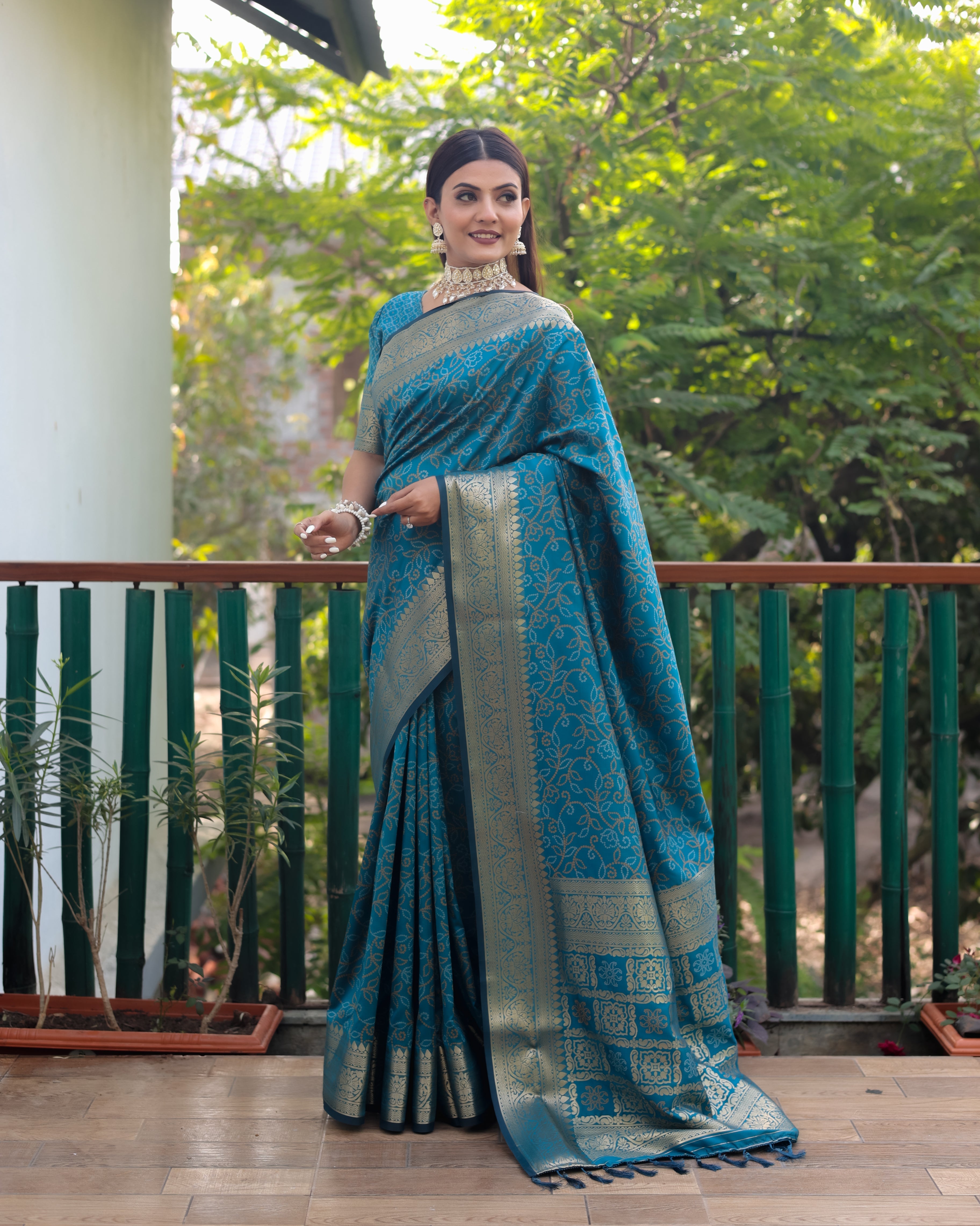 Sky Blue Color kanchi Border Rich Pallu Bandhej Saree