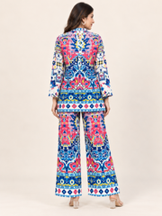 Printed Blue Ajrak Top With Palazzo Set