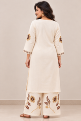 Elegant Off-white Pure Rayon cotton Floral Kurta Set with Matching Palazzo | V-Neck Ethnic Wear for Women