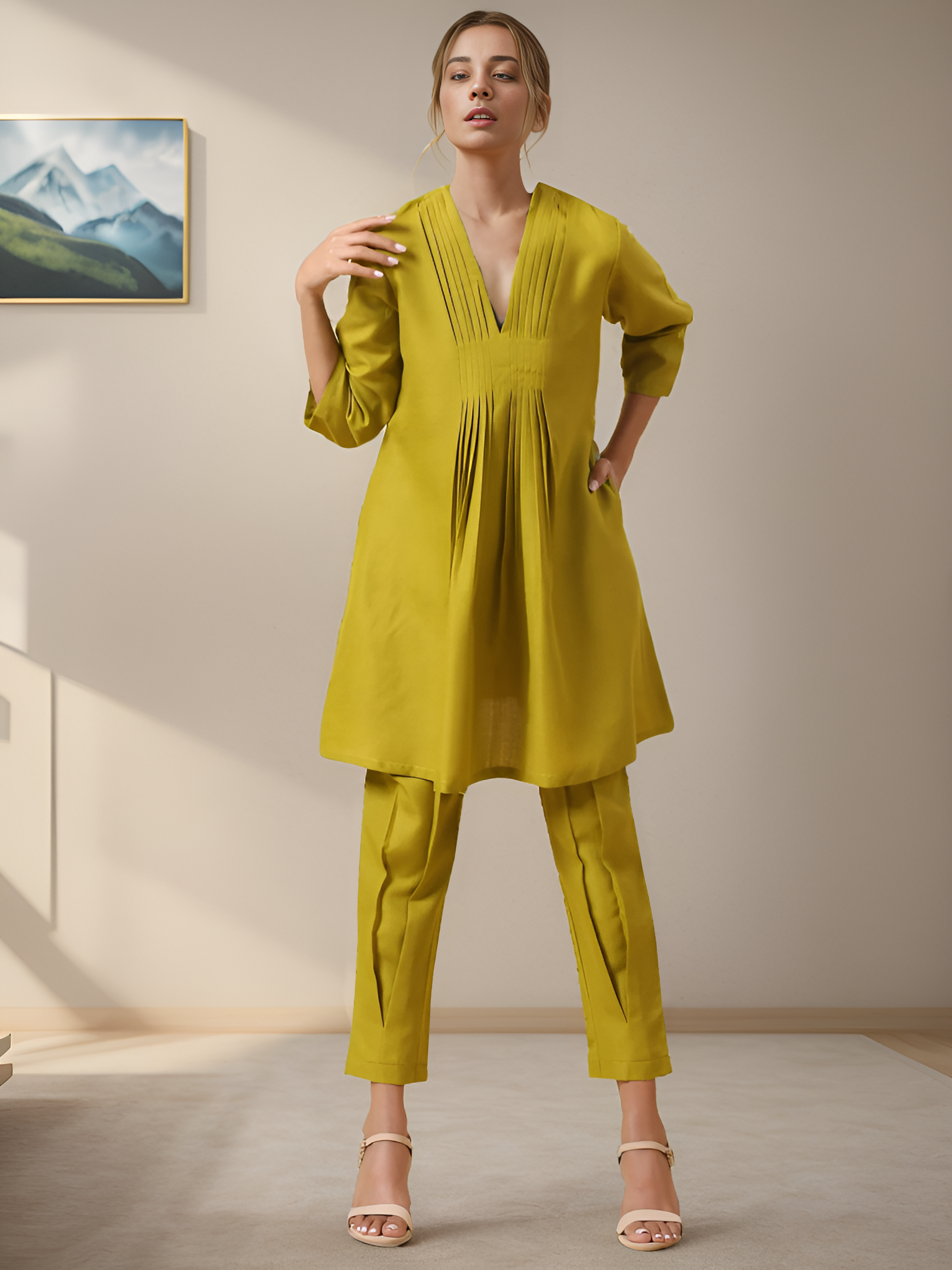 Rayon Slub Lime Green Pleated Co-Ord Set