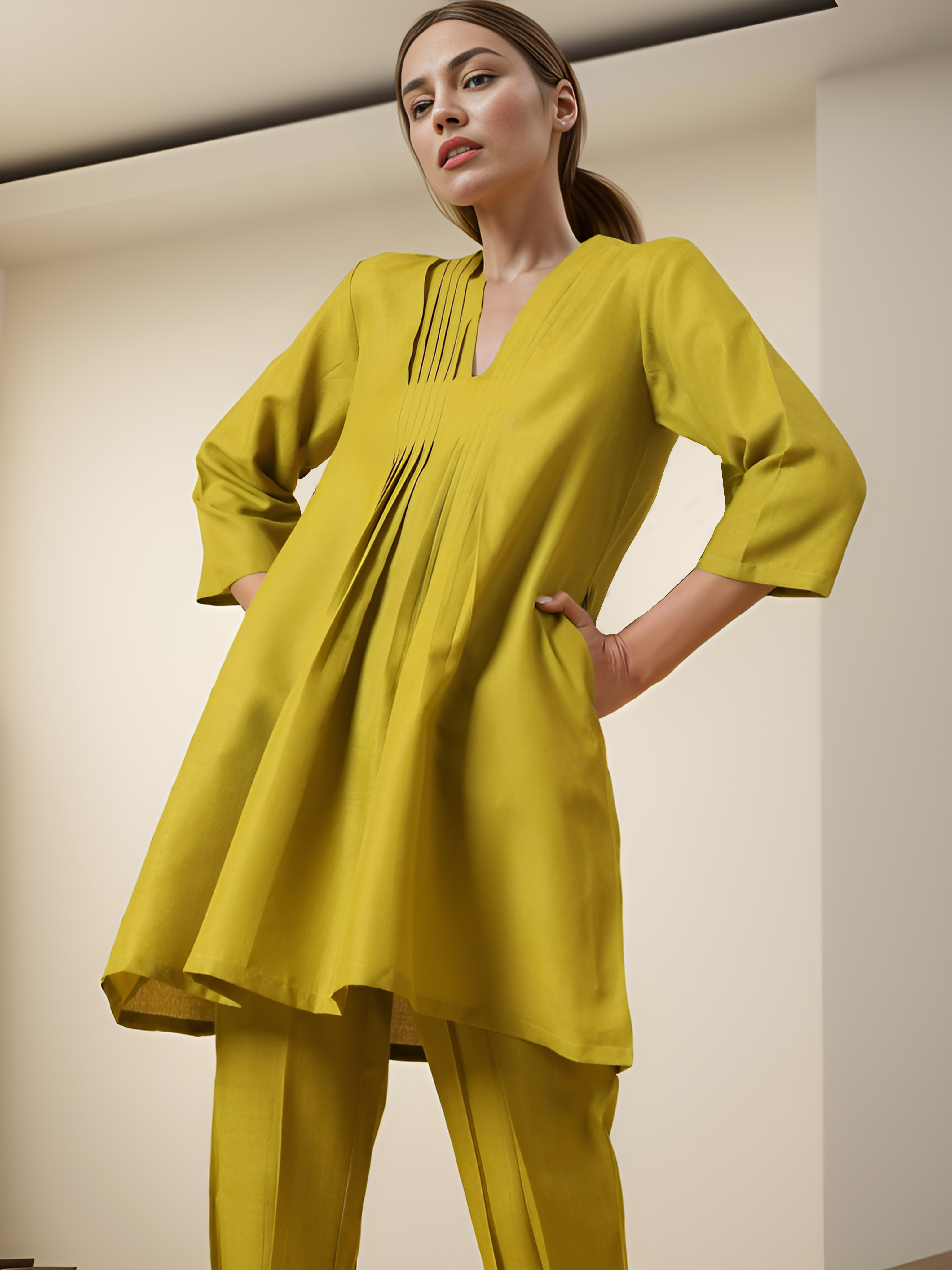 Rayon Slub Lime Green Pleated Co-Ord Set