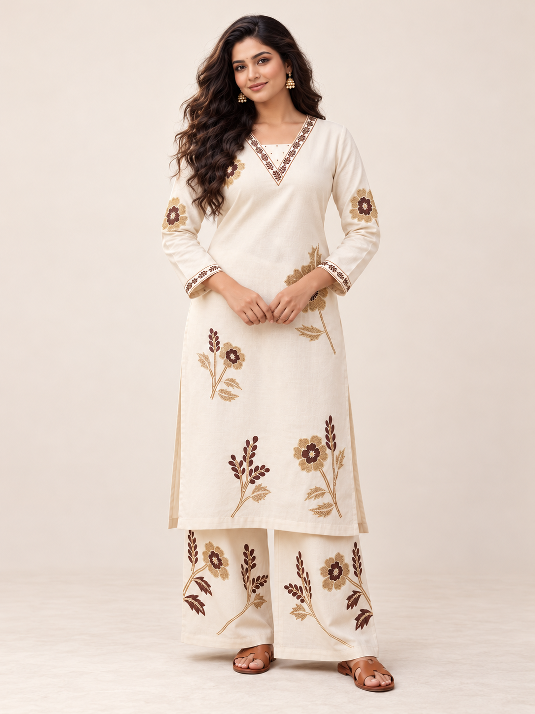 Elegant Off-white Pure Rayon cotton Floral Kurta Set with Matching Palazzo | V-Neck Ethnic Wear for Women