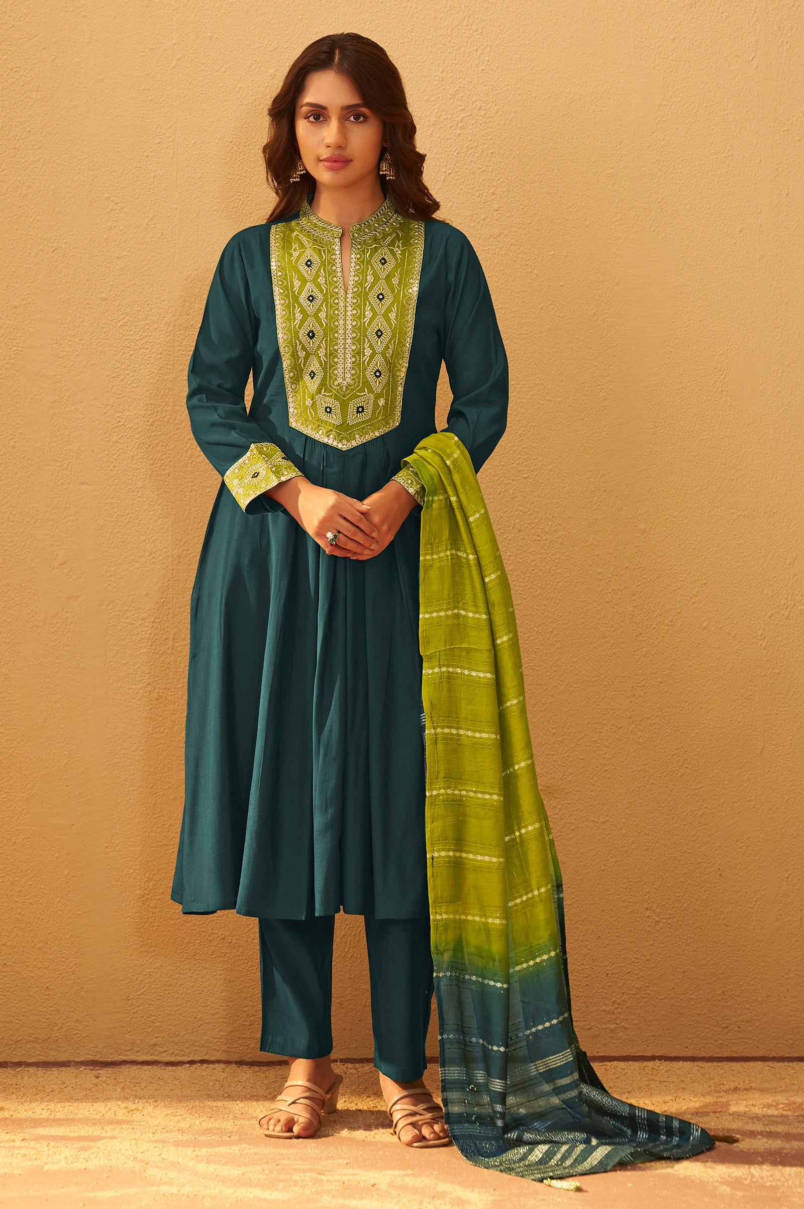 Teal Blue Silk Pleated Kurta Set with Lime Green Gota Patti Work