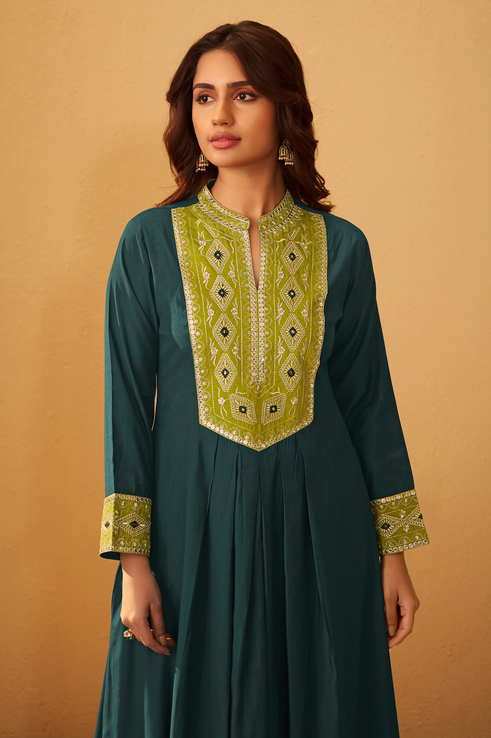 Teal Blue Silk Pleated Kurta Set with Lime Green Gota Patti Work