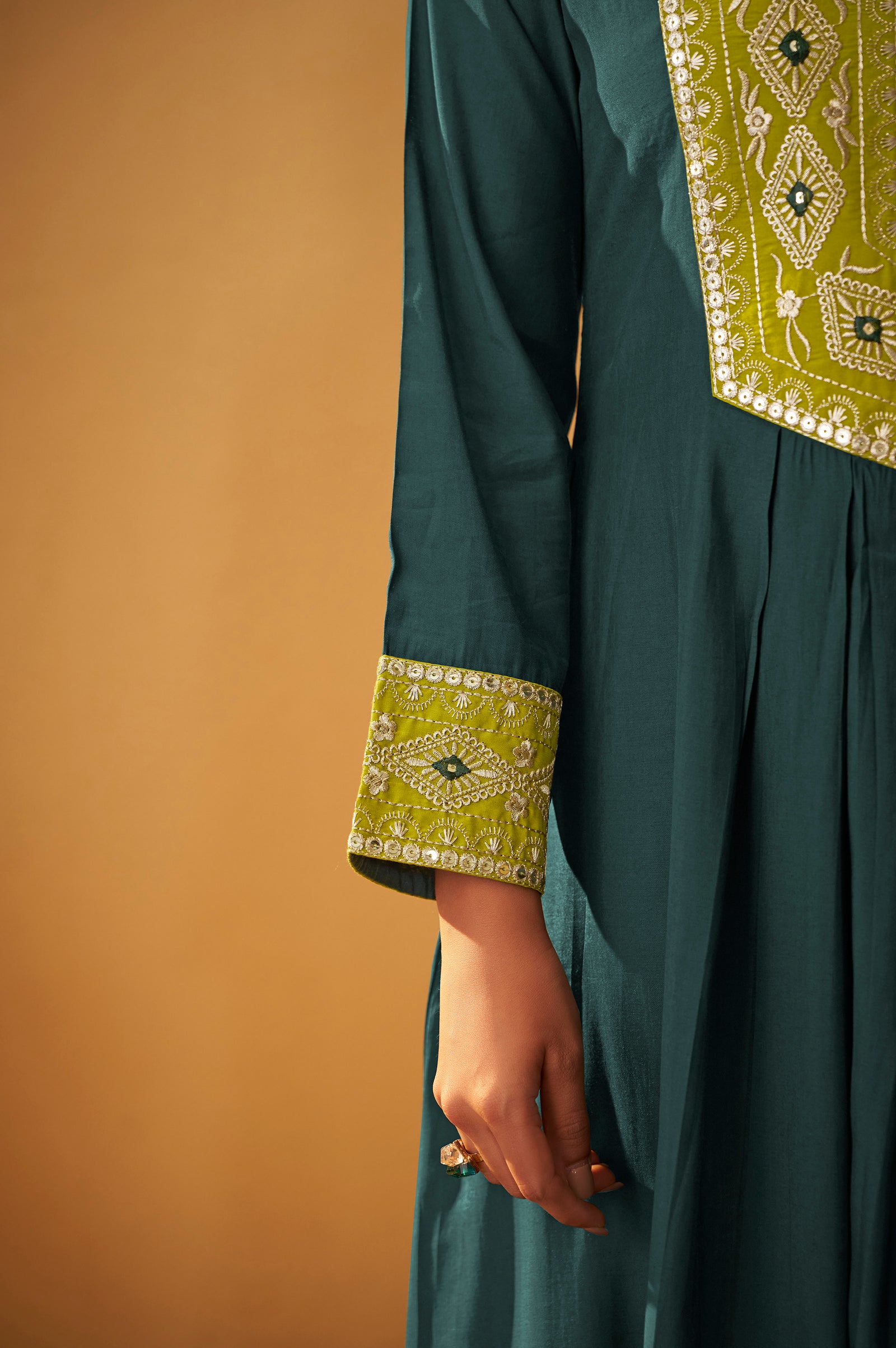 Teal Blue Silk Pleated Kurta Set with Lime Green Gota Patti Work