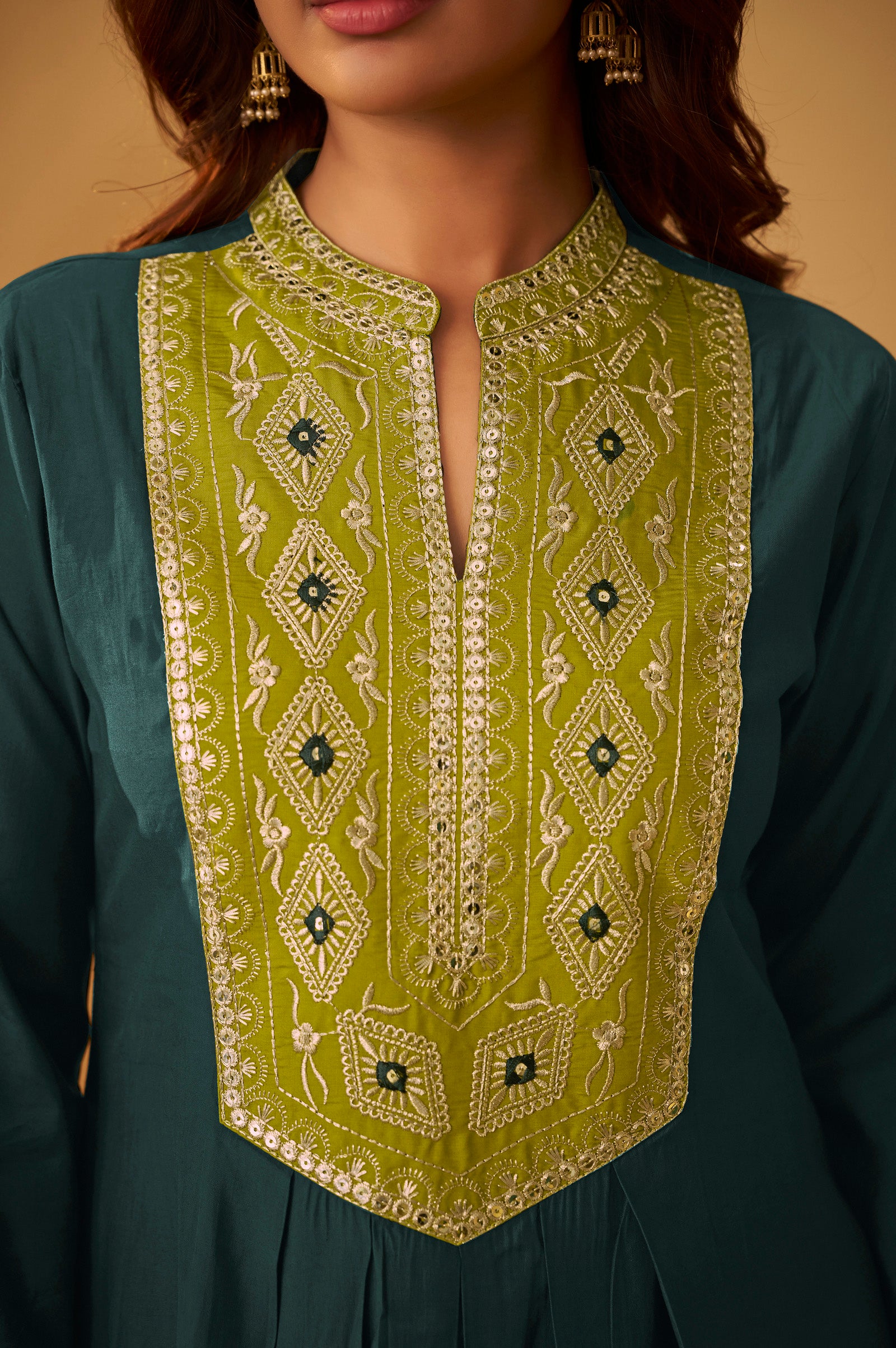 Teal Blue Silk Pleated Kurta Set with Lime Green Gota Patti Work