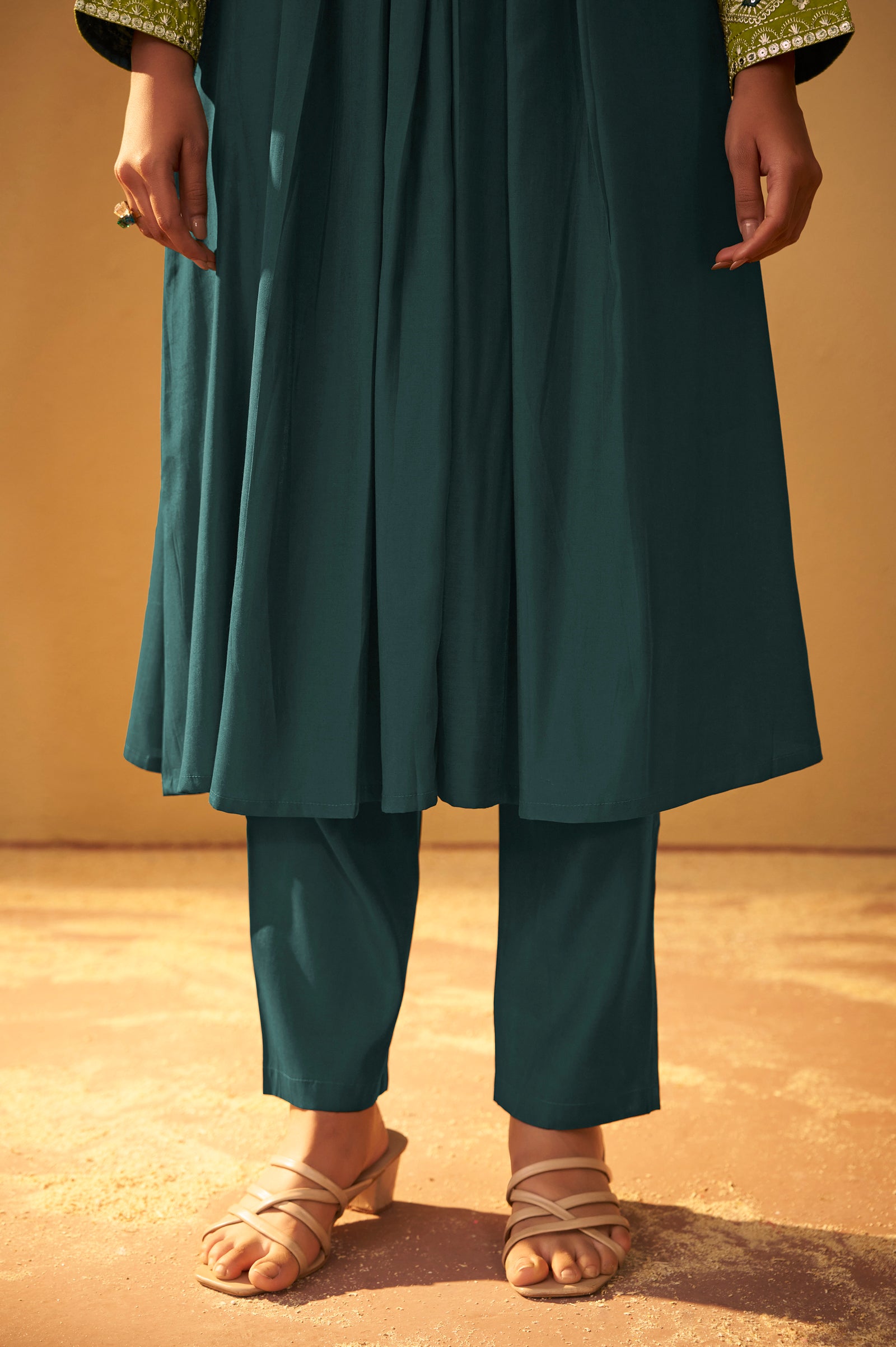 Teal Blue Silk Pleated Kurta Set with Lime Green Gota Patti Work