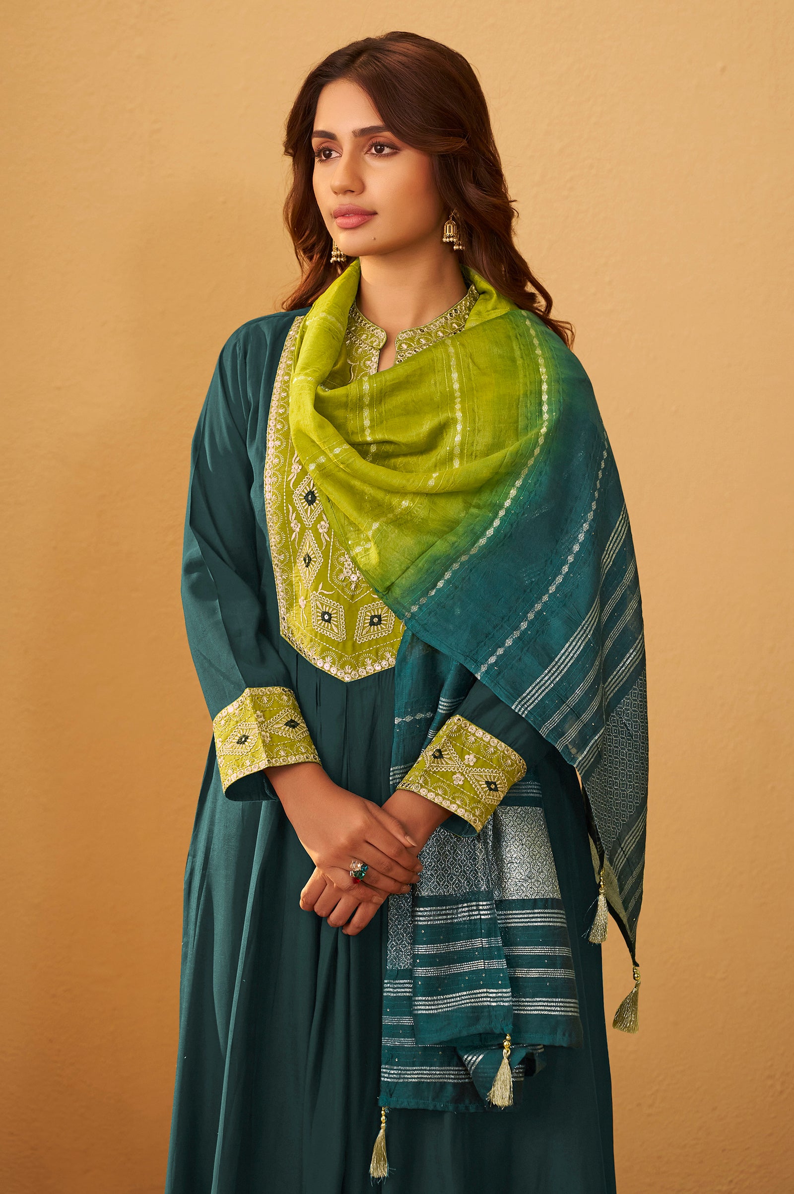 Teal Blue Silk Pleated Kurta Set with Lime Green Gota Patti Work