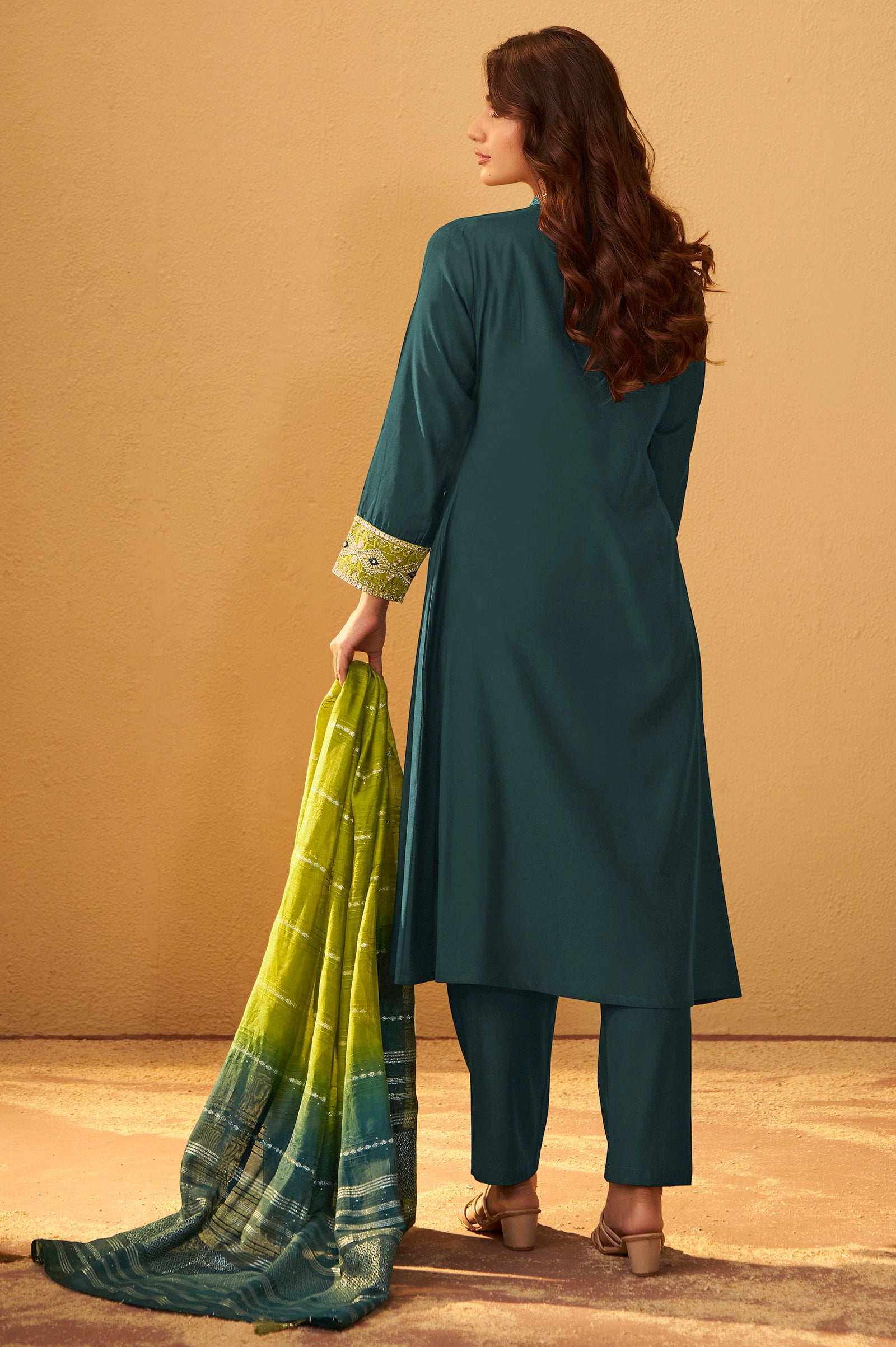 Teal Blue Silk Pleated Kurta Set with Lime Green Gota Patti Work