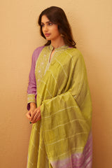 Mauve Silk Pleated Kurta Set with Lime Green Gota Patti Work