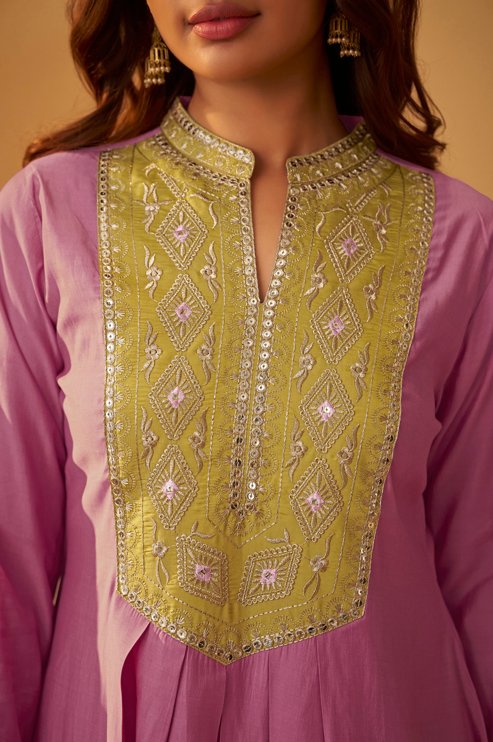 Mauve Silk Pleated Kurta Set with Lime Green Gota Patti Work