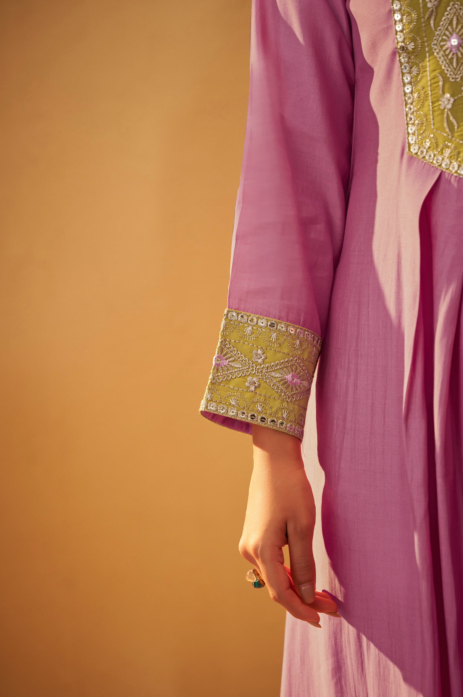 Mauve Silk Pleated Kurta Set with Lime Green Gota Patti Work