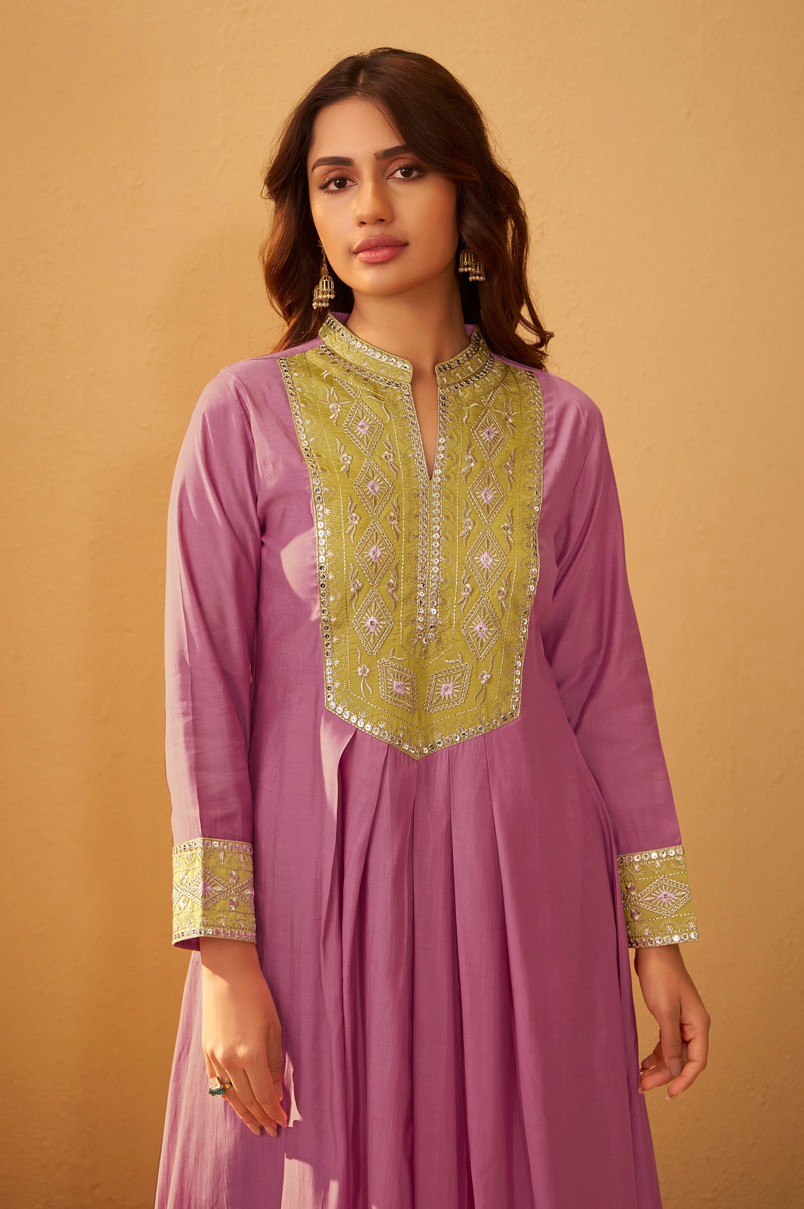 Mauve Silk Pleated Kurta Set with Lime Green Gota Patti Work