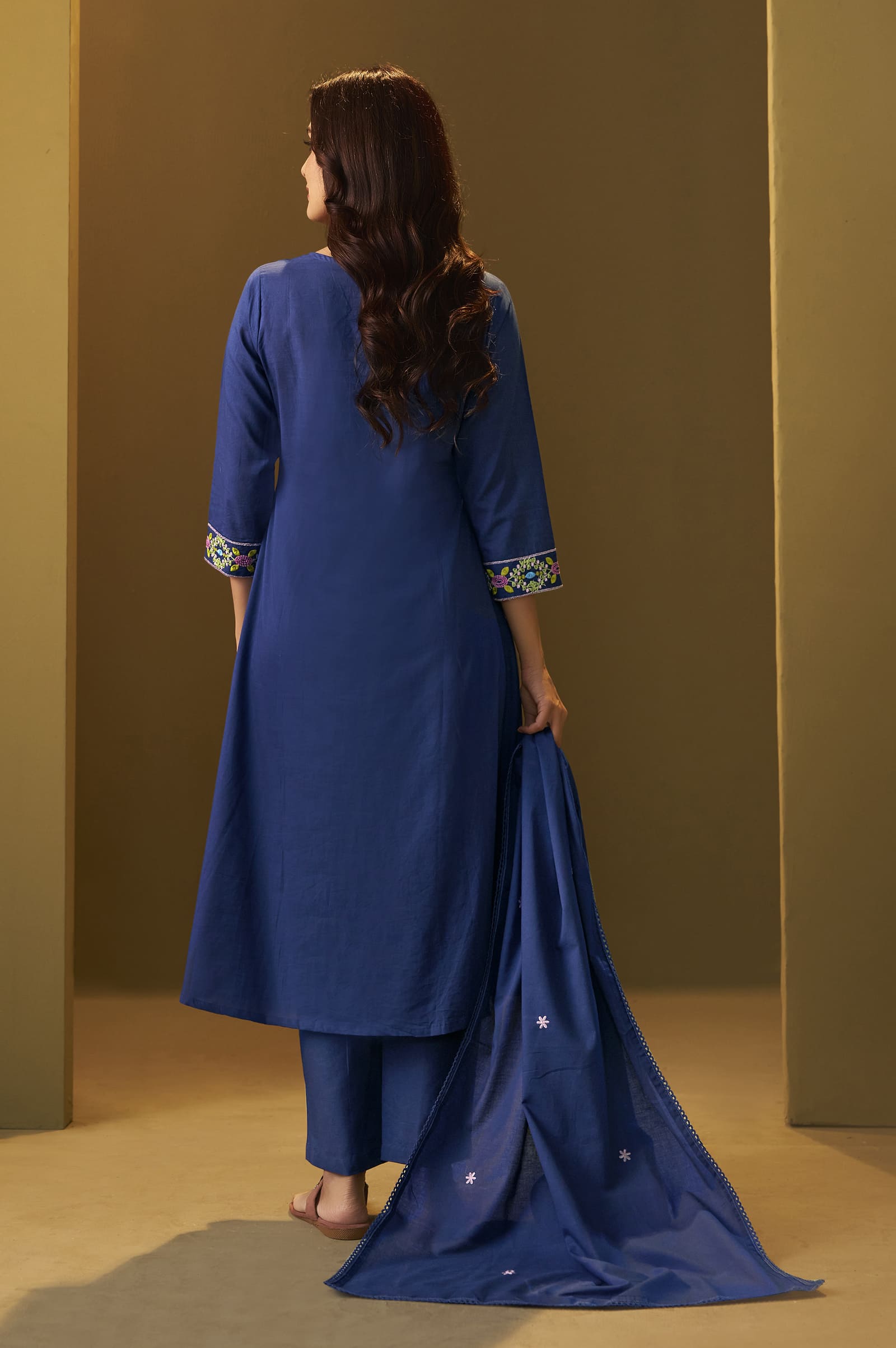 Indigo Blue Embroidered Anarkali Set with Floral Yoke