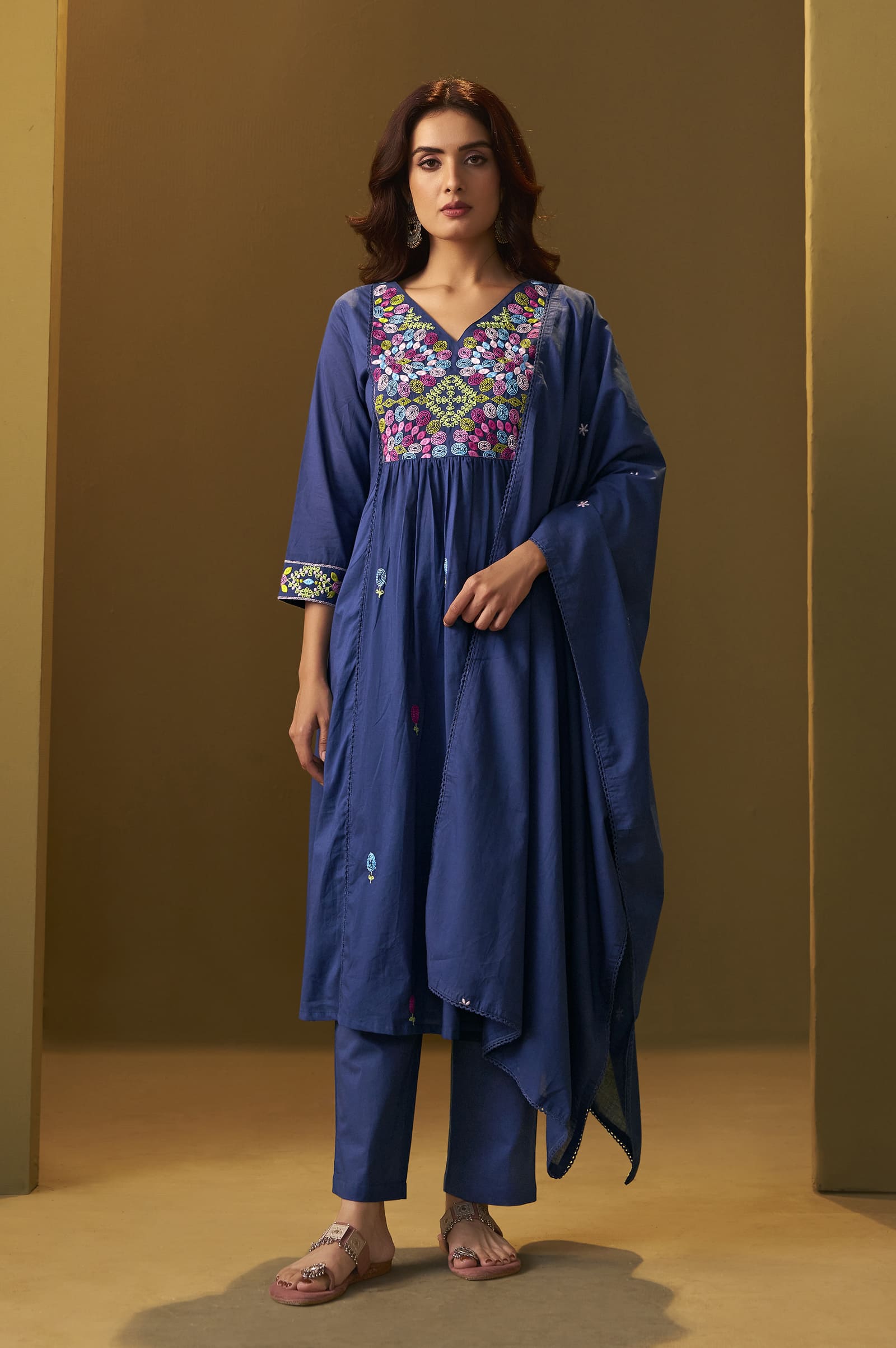 Indigo Blue Embroidered Anarkali Set with Floral Yoke