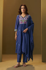 Indigo Blue Embroidered Anarkali Set with Floral Yoke