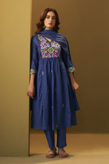 Indigo Blue Embroidered Anarkali Set with Floral Yoke
