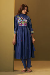 Indigo Blue Embroidered Anarkali Set with Floral Yoke