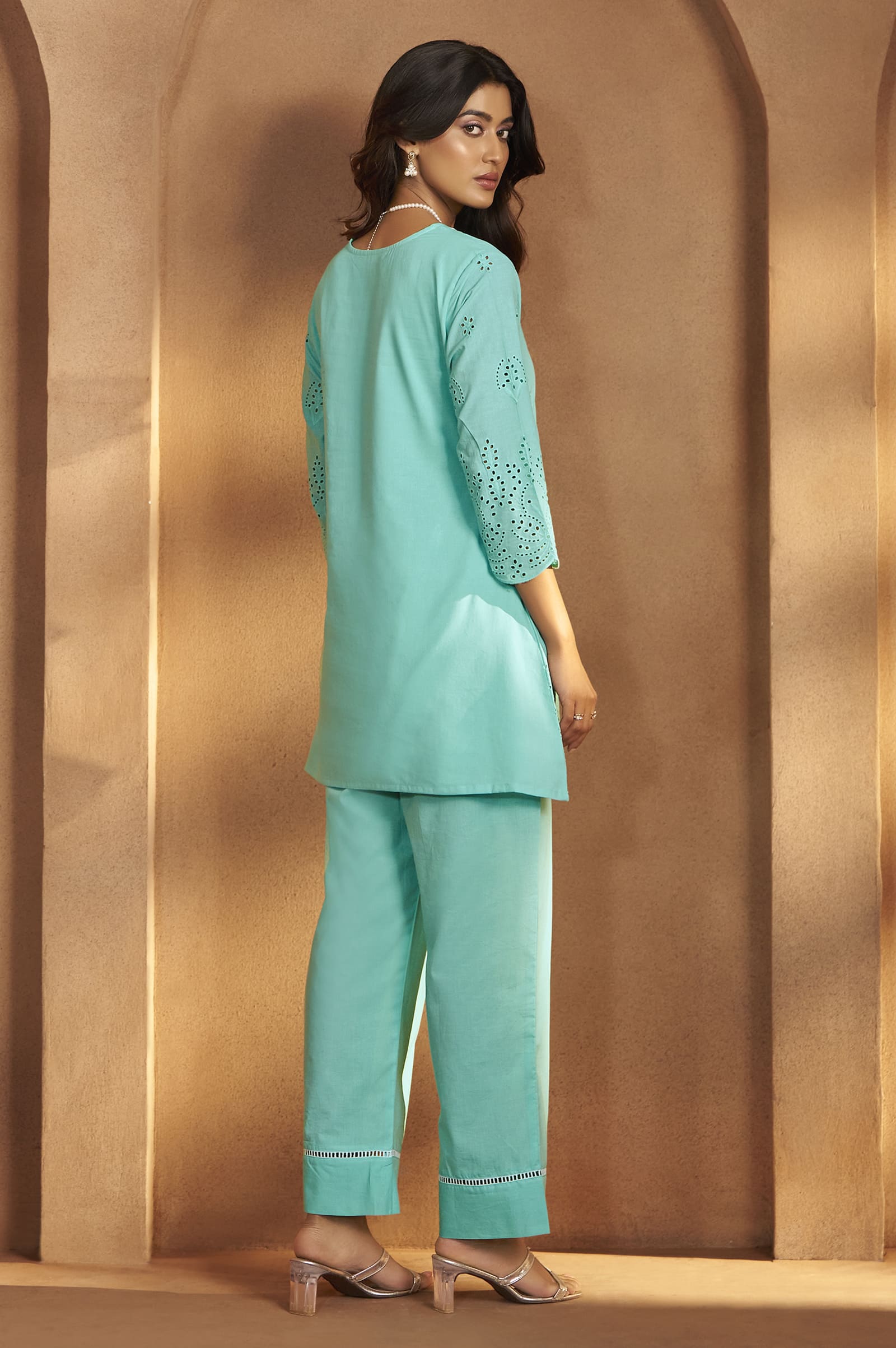 Aqua Blue Schiffli Embroidered Cotton Kurta Set with Straight Pants