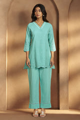 Aqua Blue Schiffli Embroidered Cotton Kurta Set with Straight Pants